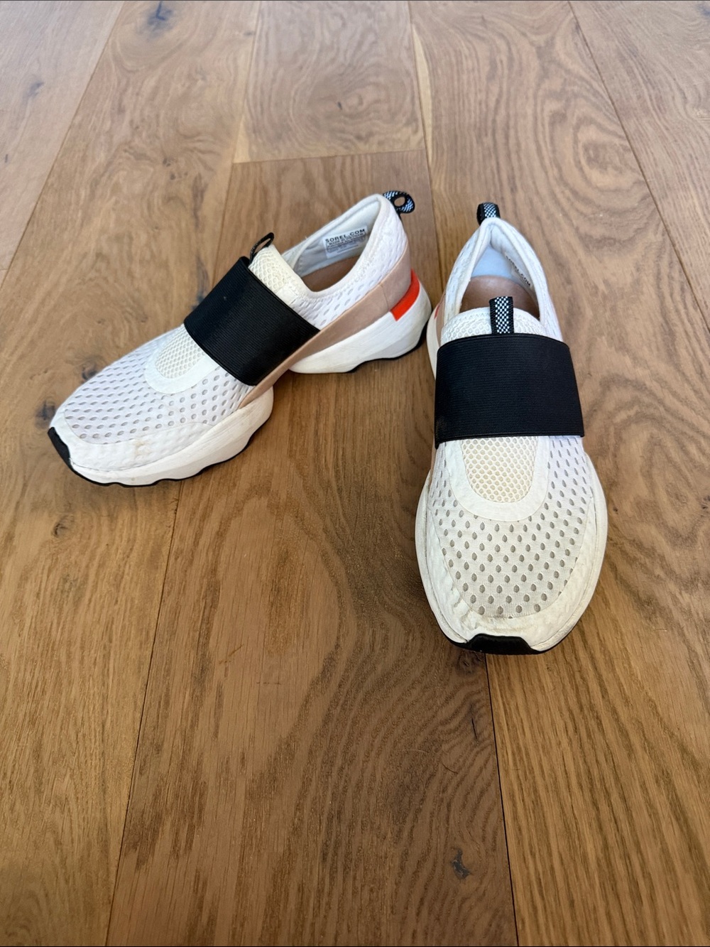 Sorel White Mesh Slip-On Athletic Sneakers with Black Strap and Orange Accent